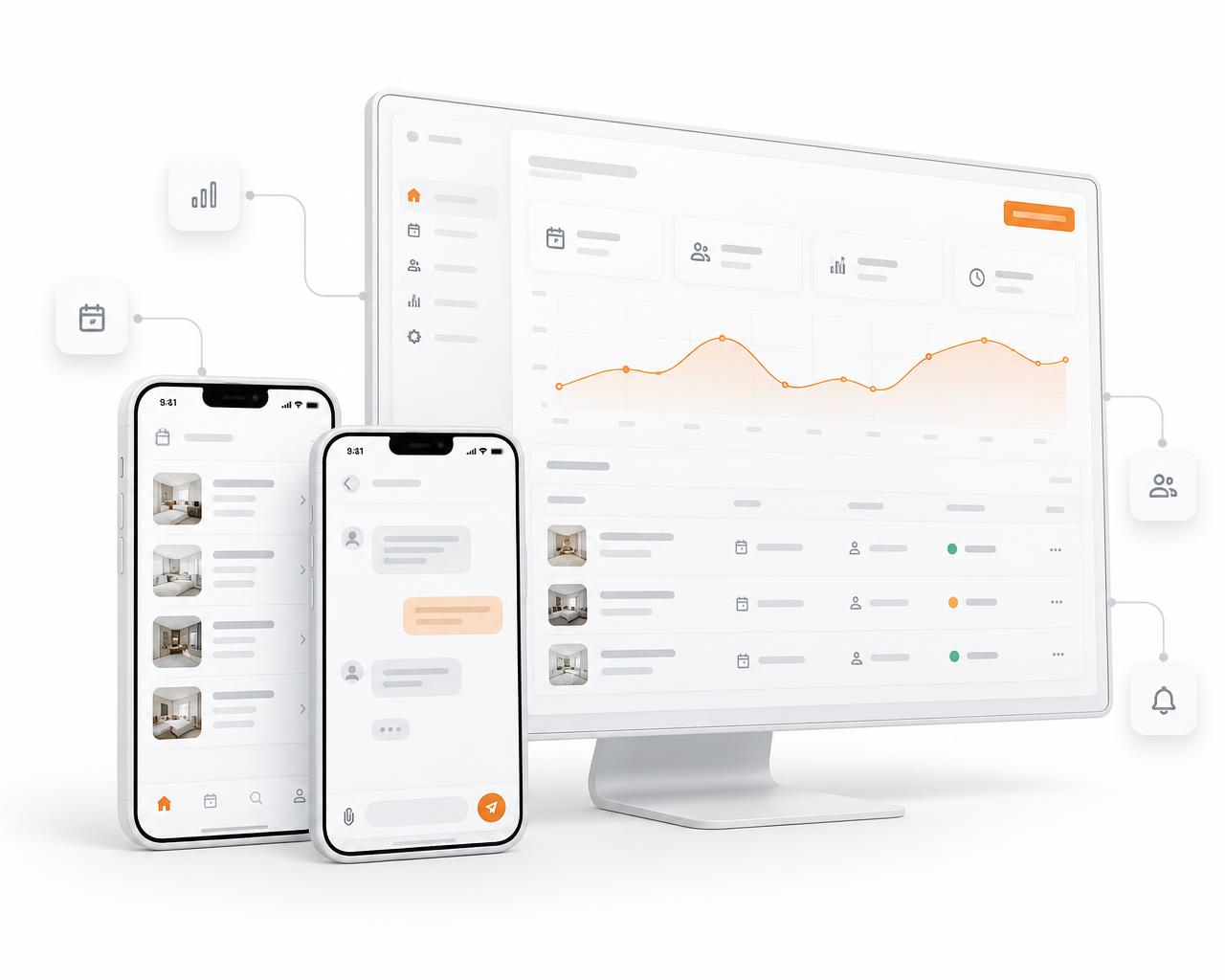 A CodeCue-built digital product shown on desktop and mobile: a light analytics dashboard alongside connected mobile screens